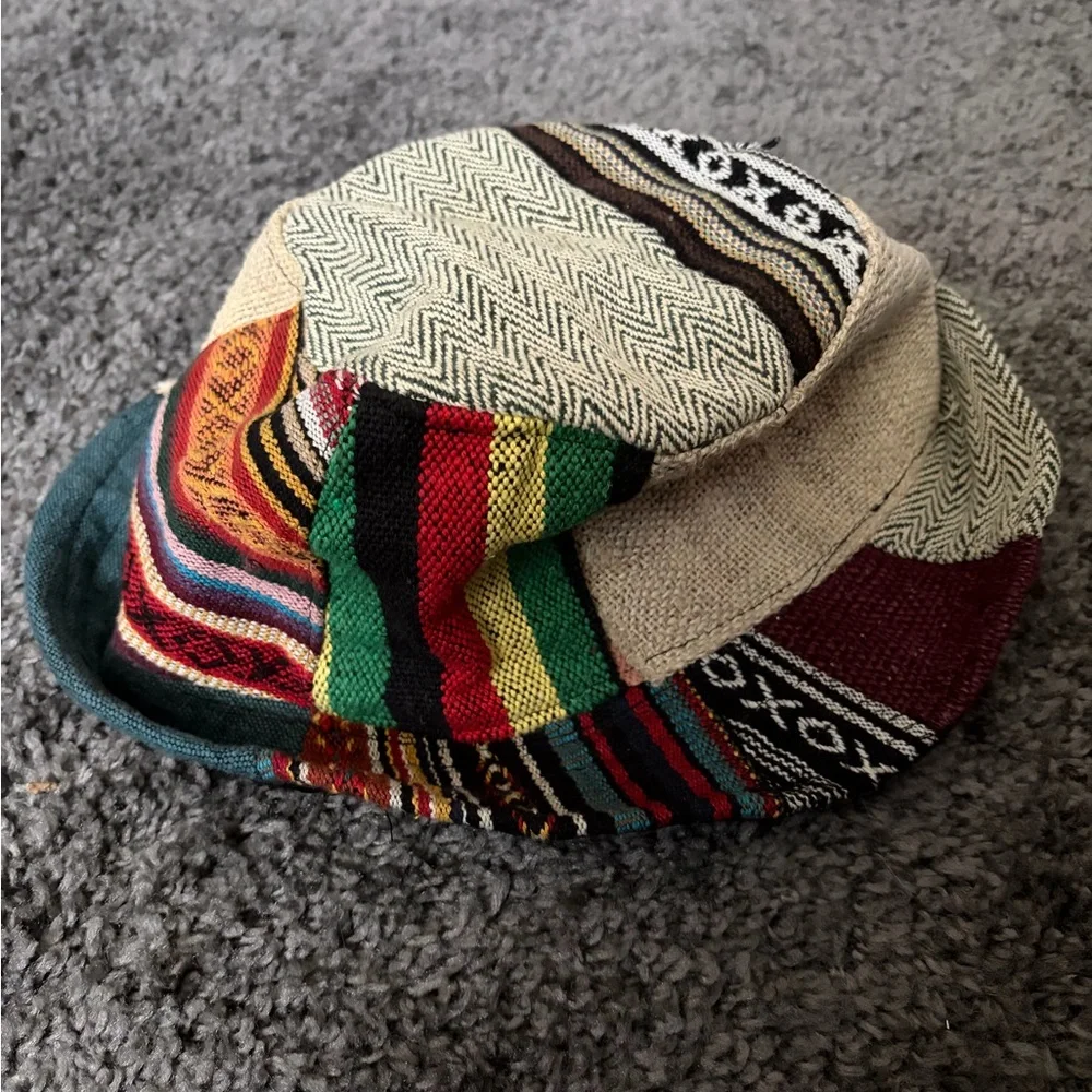 Boho Patchwork Bucket Hat with Blue Bear Accent